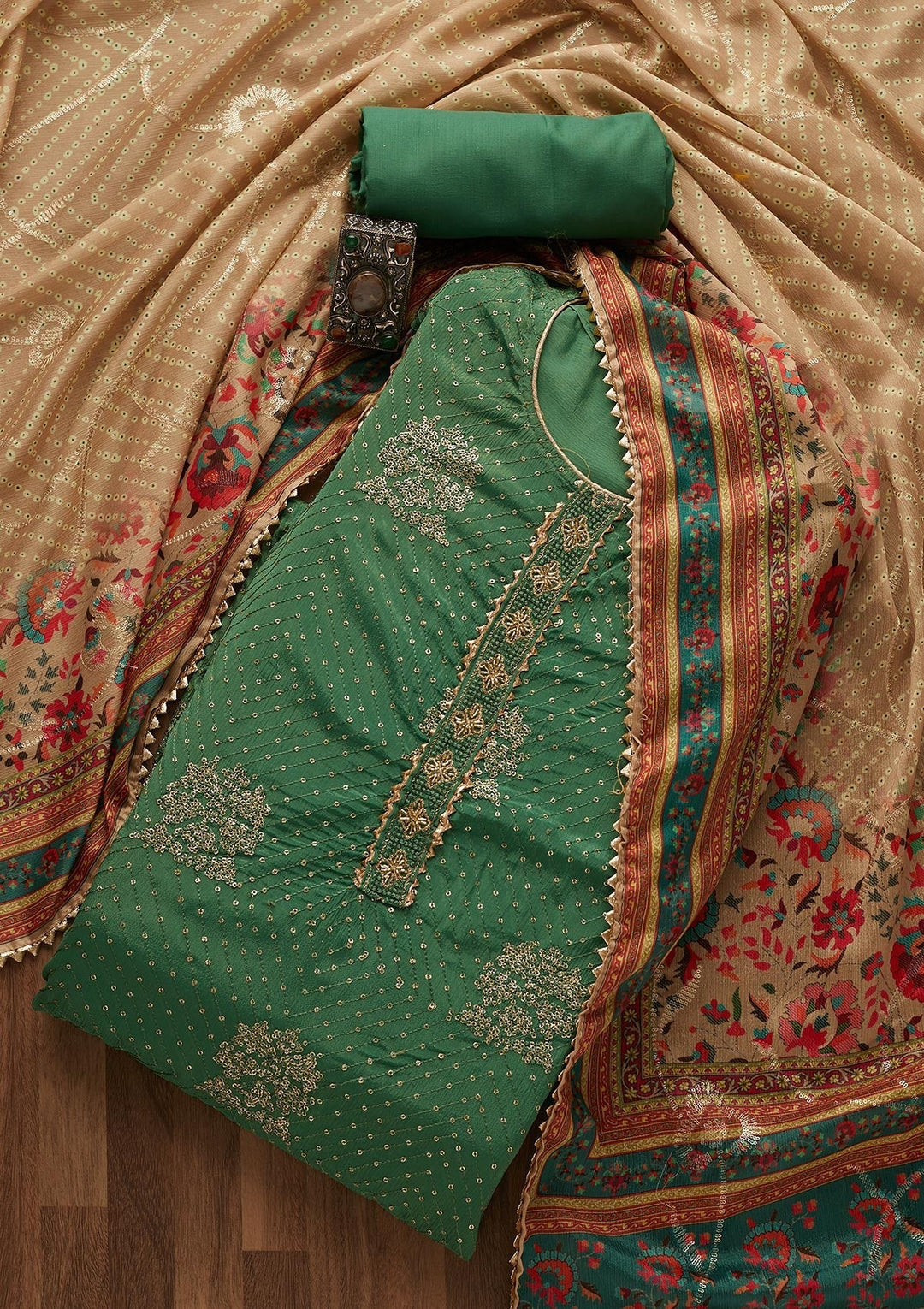 Bottle Green Zariwork Chanderi Unstitched Salwar Suit-Koskii