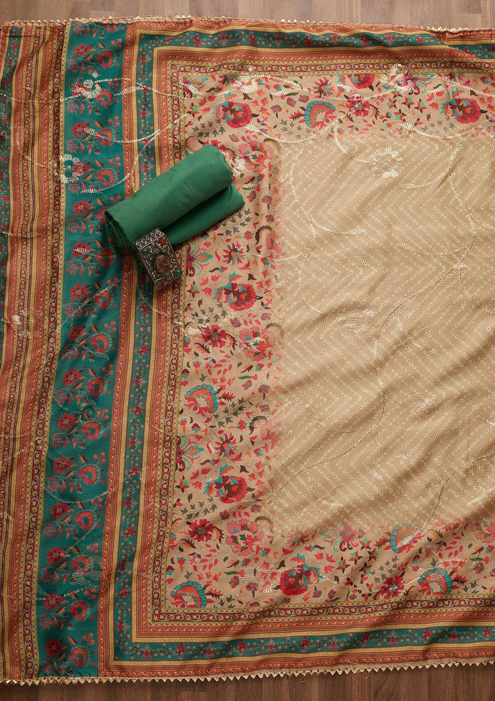 Bottle Green Zariwork Chanderi Unstitched Salwar Suit-Koskii