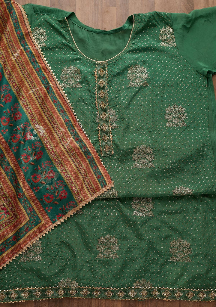 Bottle Green Zariwork Chanderi Unstitched Salwar Suit-Koskii