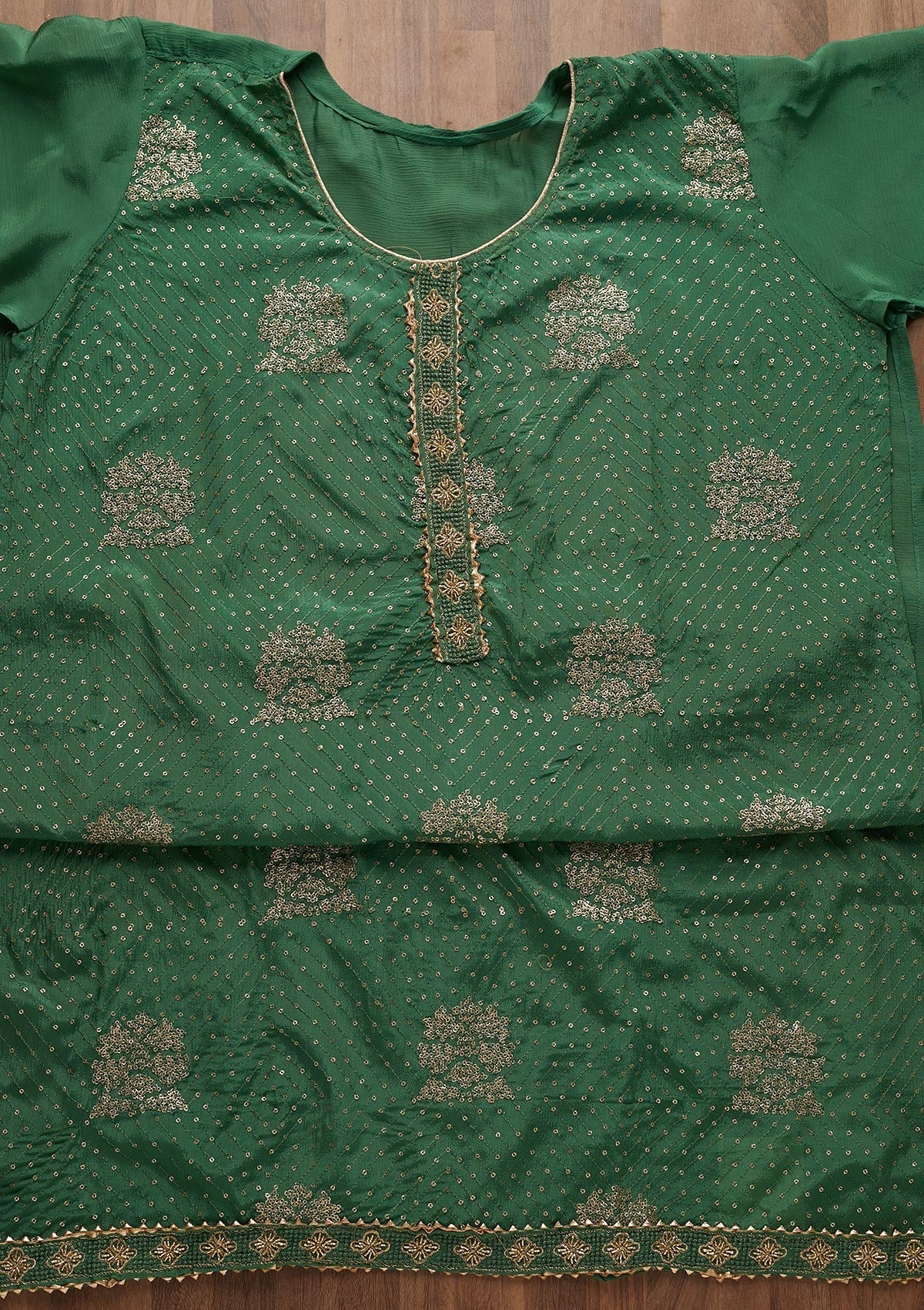 Bottle Green Zariwork Chanderi Unstitched Salwar Suit-Koskii