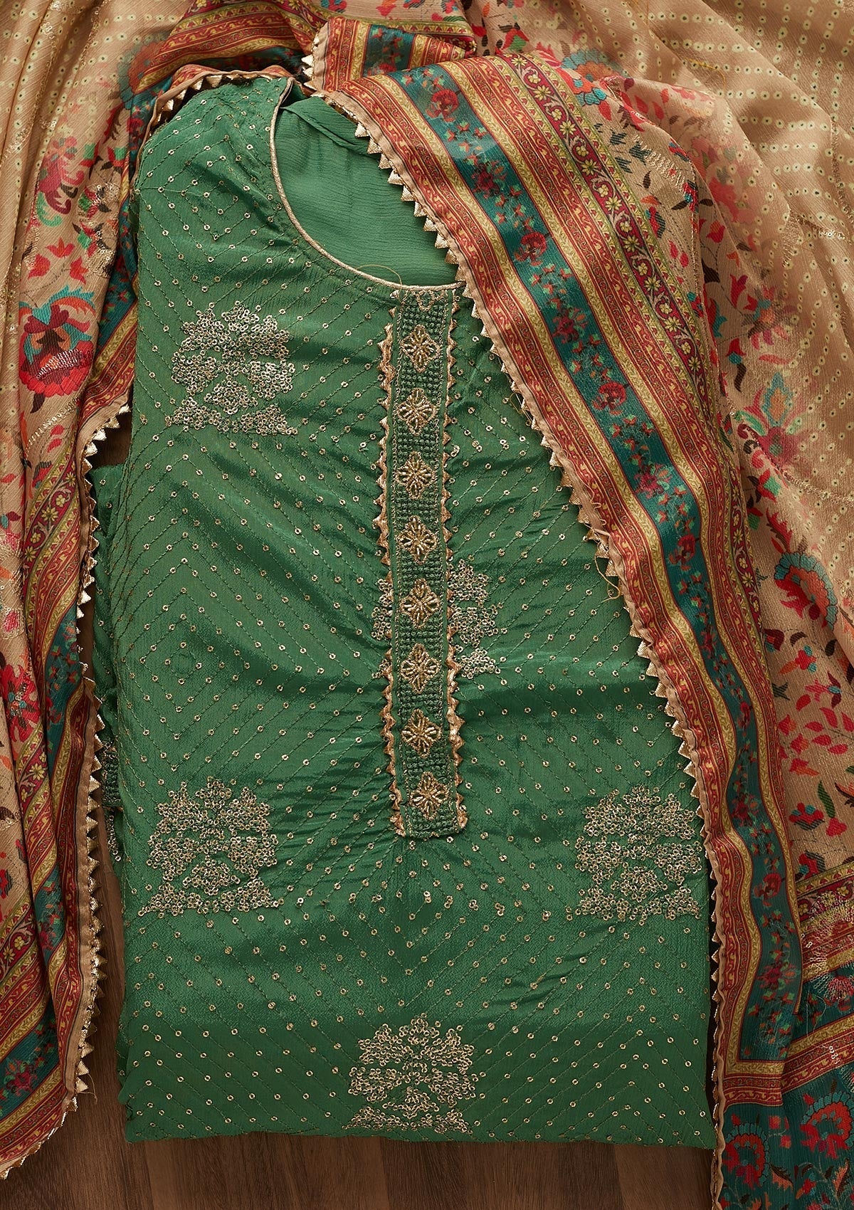 Bottle Green Zariwork Chanderi Unstitched Salwar Suit-Koskii