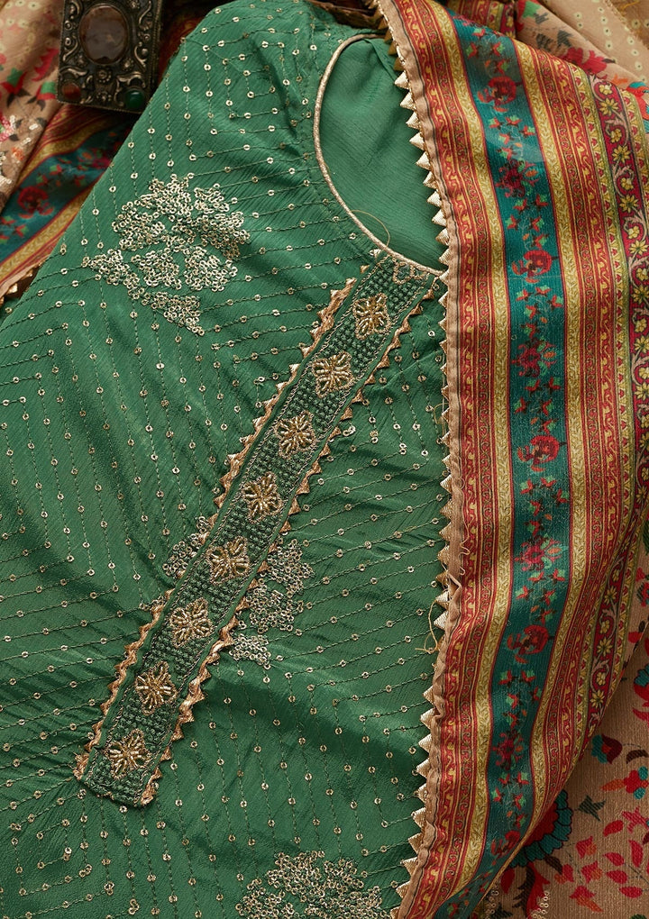 Bottle Green Zariwork Chanderi Unstitched Salwar Suit-Koskii