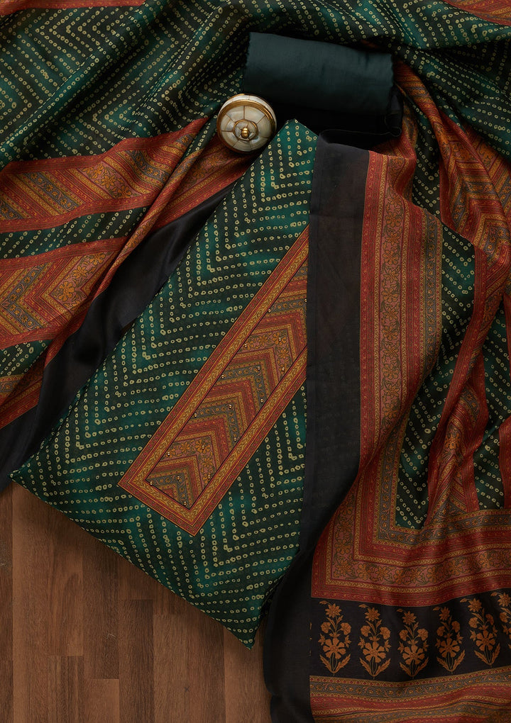 Bottle Green Zariwork Chanderi Unstitched Salwar Suit-Koskii