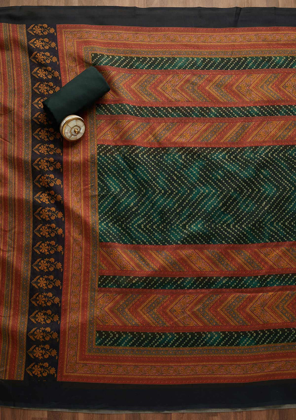 Bottle Green Zariwork Chanderi Unstitched Salwar Suit-Koskii