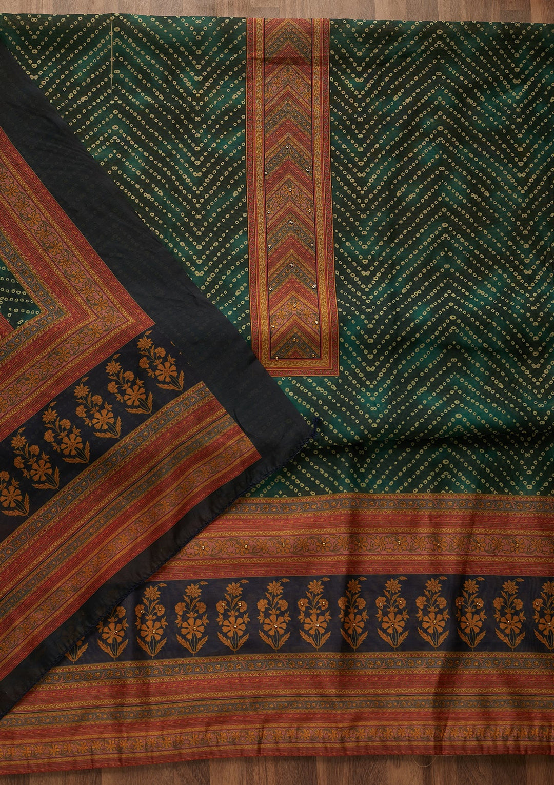 Bottle Green Zariwork Chanderi Unstitched Salwar Suit-Koskii