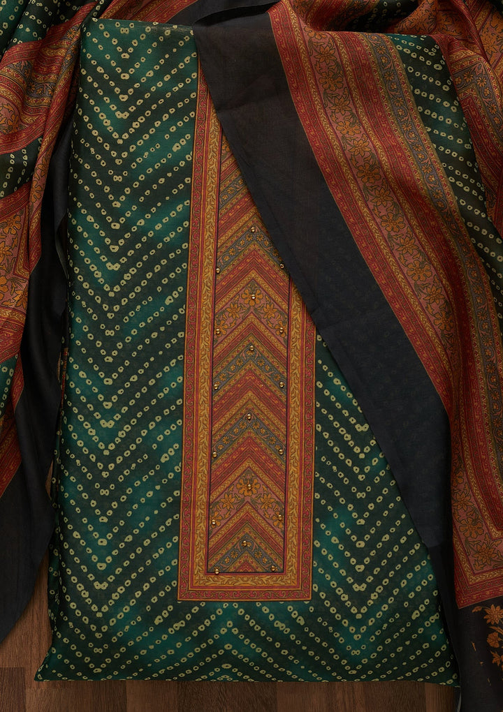 Bottle Green Zariwork Chanderi Unstitched Salwar Suit-Koskii