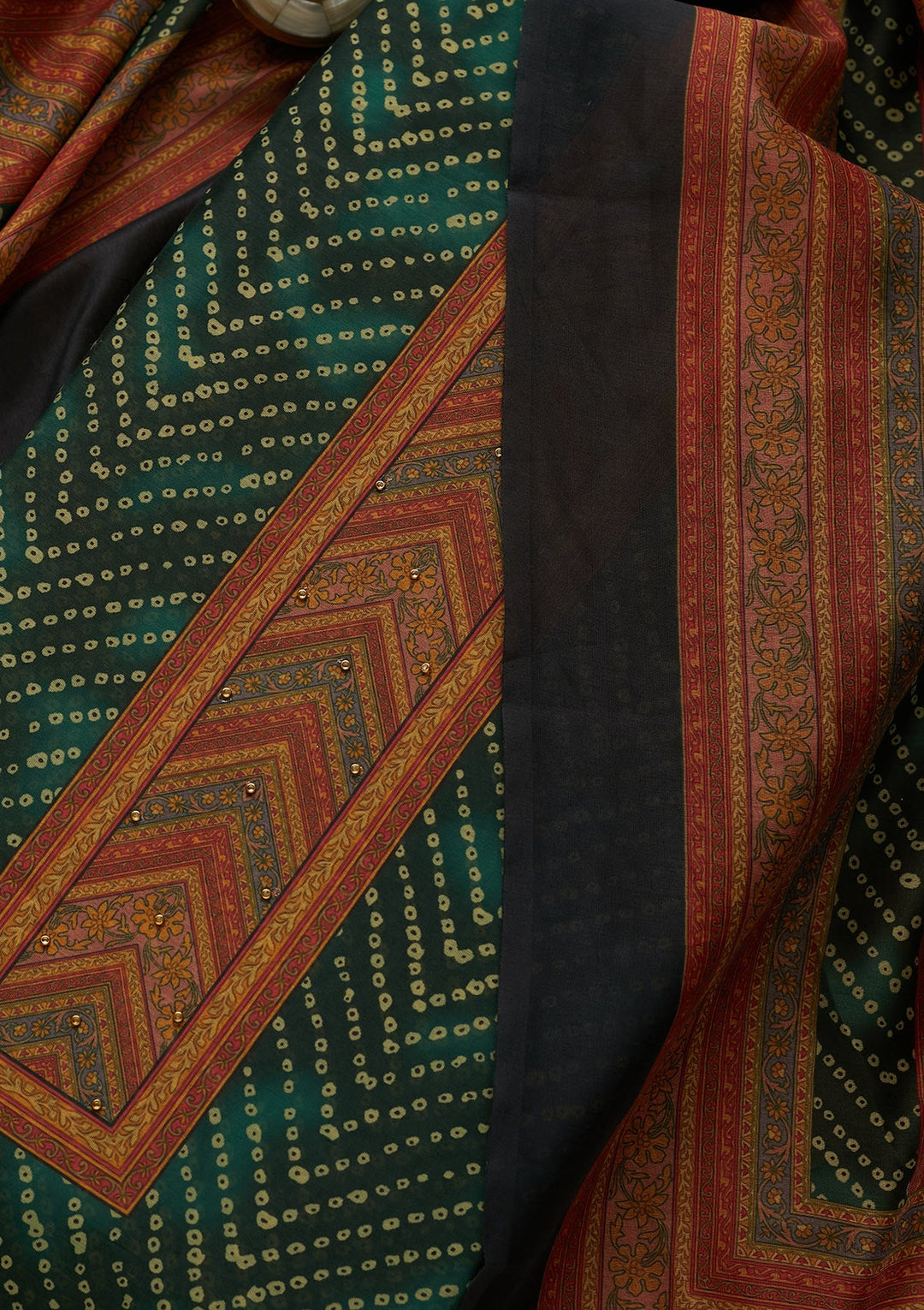 Bottle Green Zariwork Chanderi Unstitched Salwar Suit-Koskii