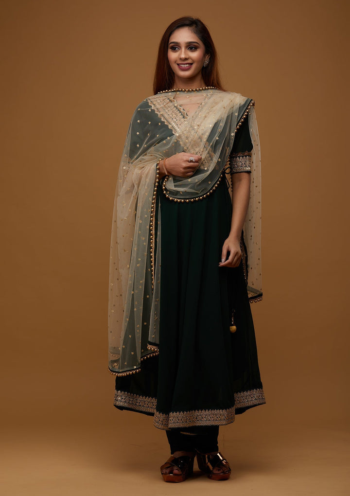 Bottle Green Zariwork Georgette Designer Salwar Suit - Koskii