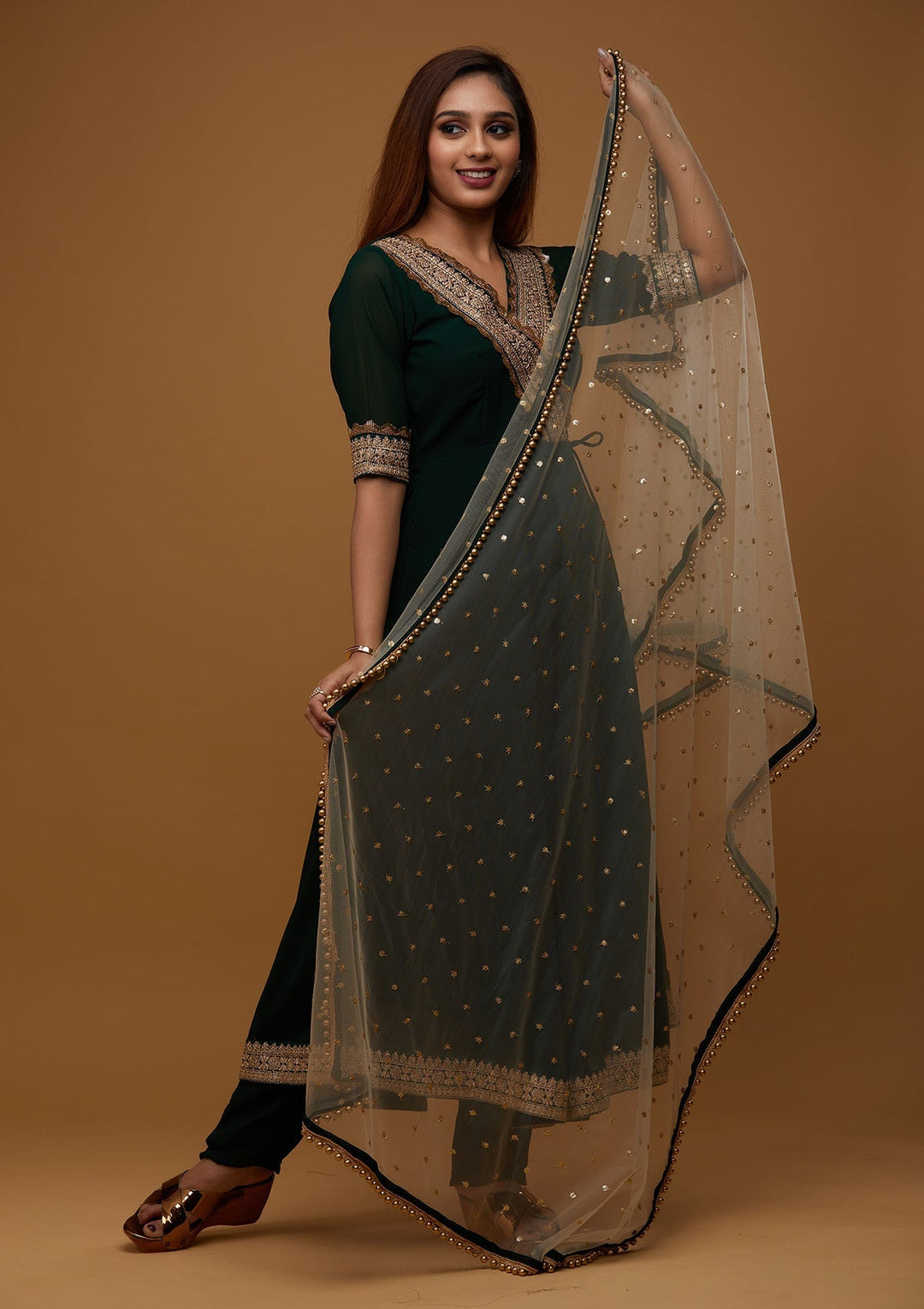 Bottle Green Zariwork Georgette Designer Salwar Suit - Koskii