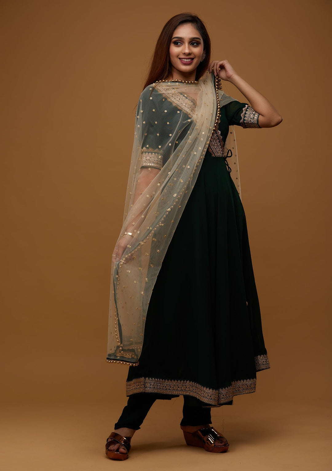 Bottle Green Zariwork Georgette Designer Salwar Suit - Koskii