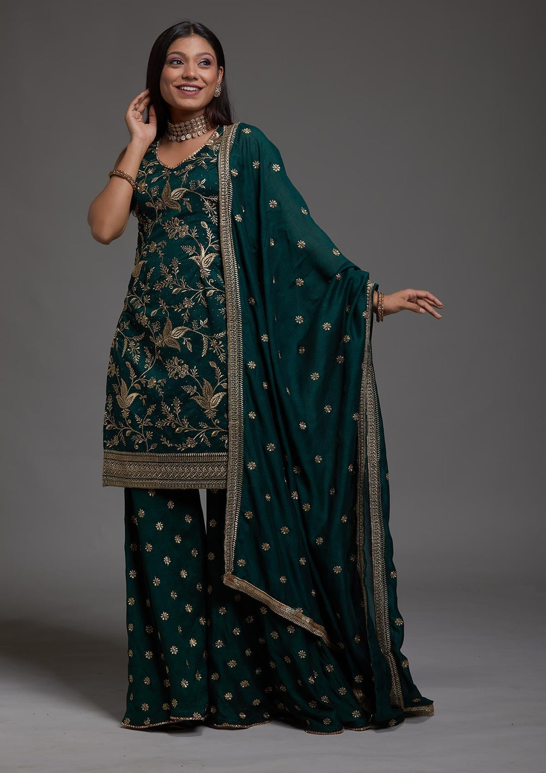Bottle Green Zariwork Raw Silk Designer Salwar Suit-Koskii