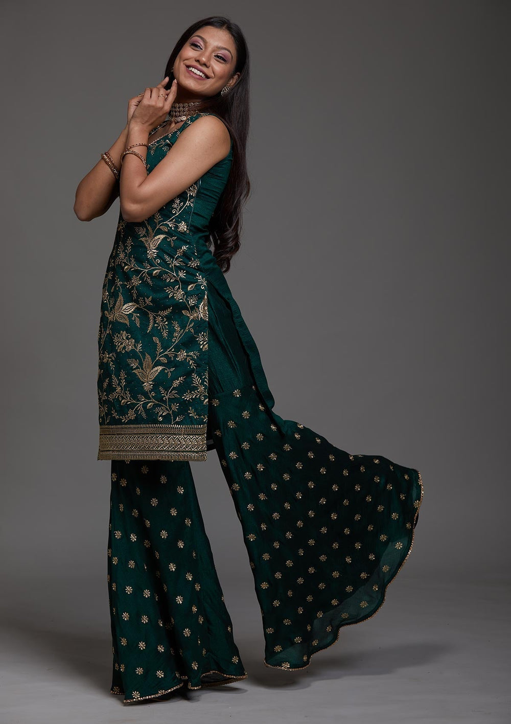 Bottle Green Zariwork Raw Silk Designer Salwar Suit-Koskii