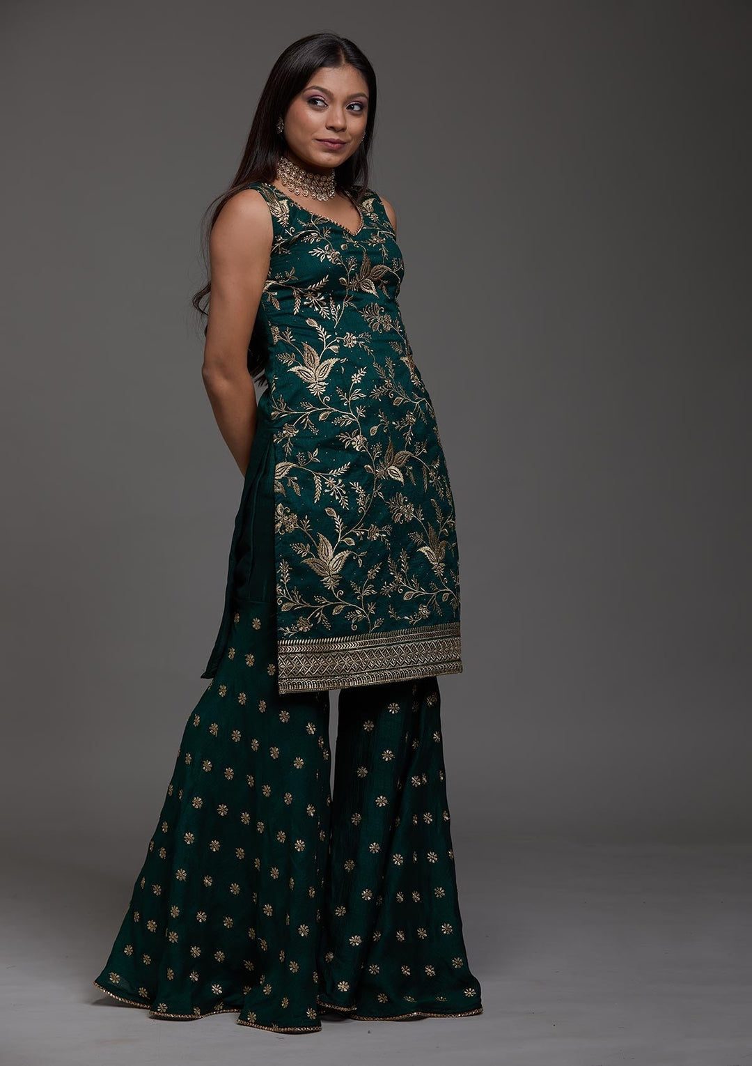Bottle Green Zariwork Raw Silk Designer Salwar Suit-Koskii