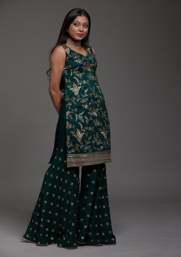 Bottle Green Zariwork Raw Silk Designer Salwar Suit-Koskii