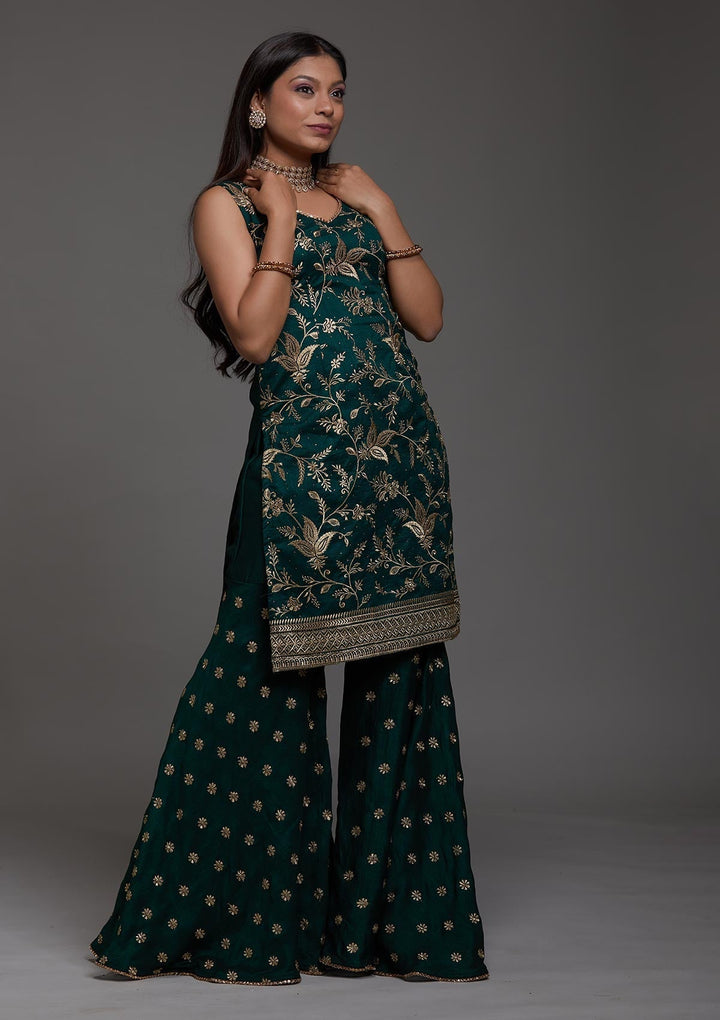 Bottle Green Zariwork Raw Silk Designer Salwar Suit-Koskii