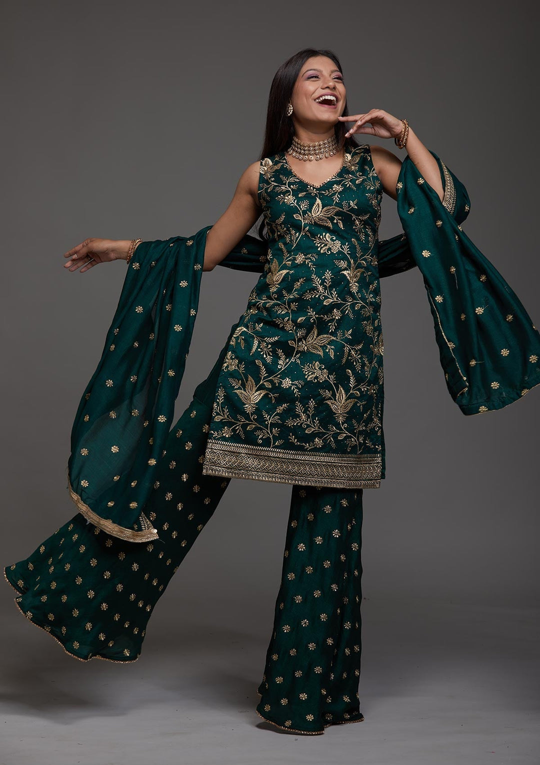 Bottle Green Zariwork Raw Silk Designer Salwar Suit-Koskii