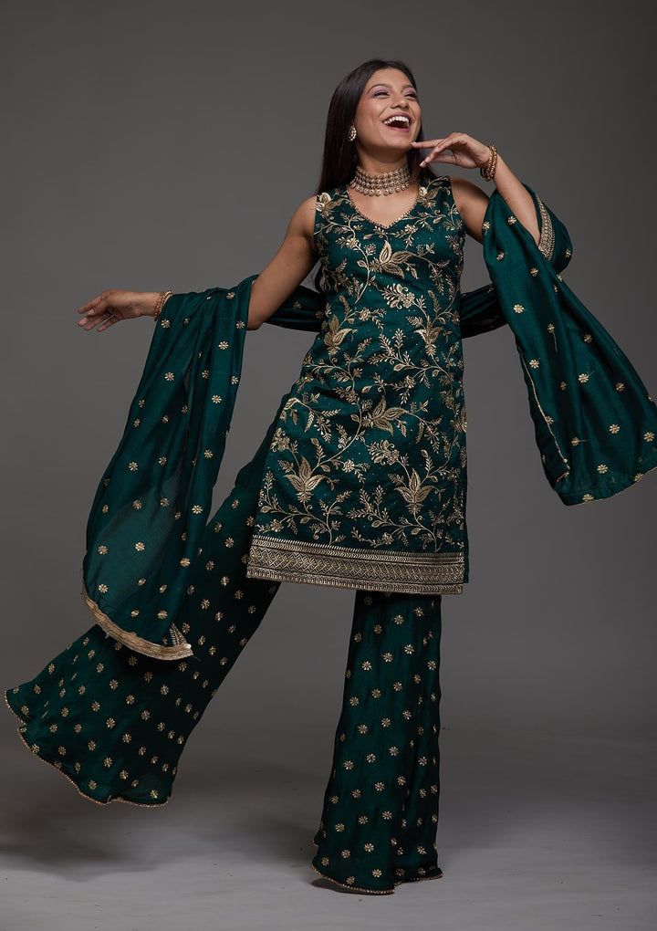Bottle Green Zariwork Raw Silk Designer Salwar Suit-Koskii