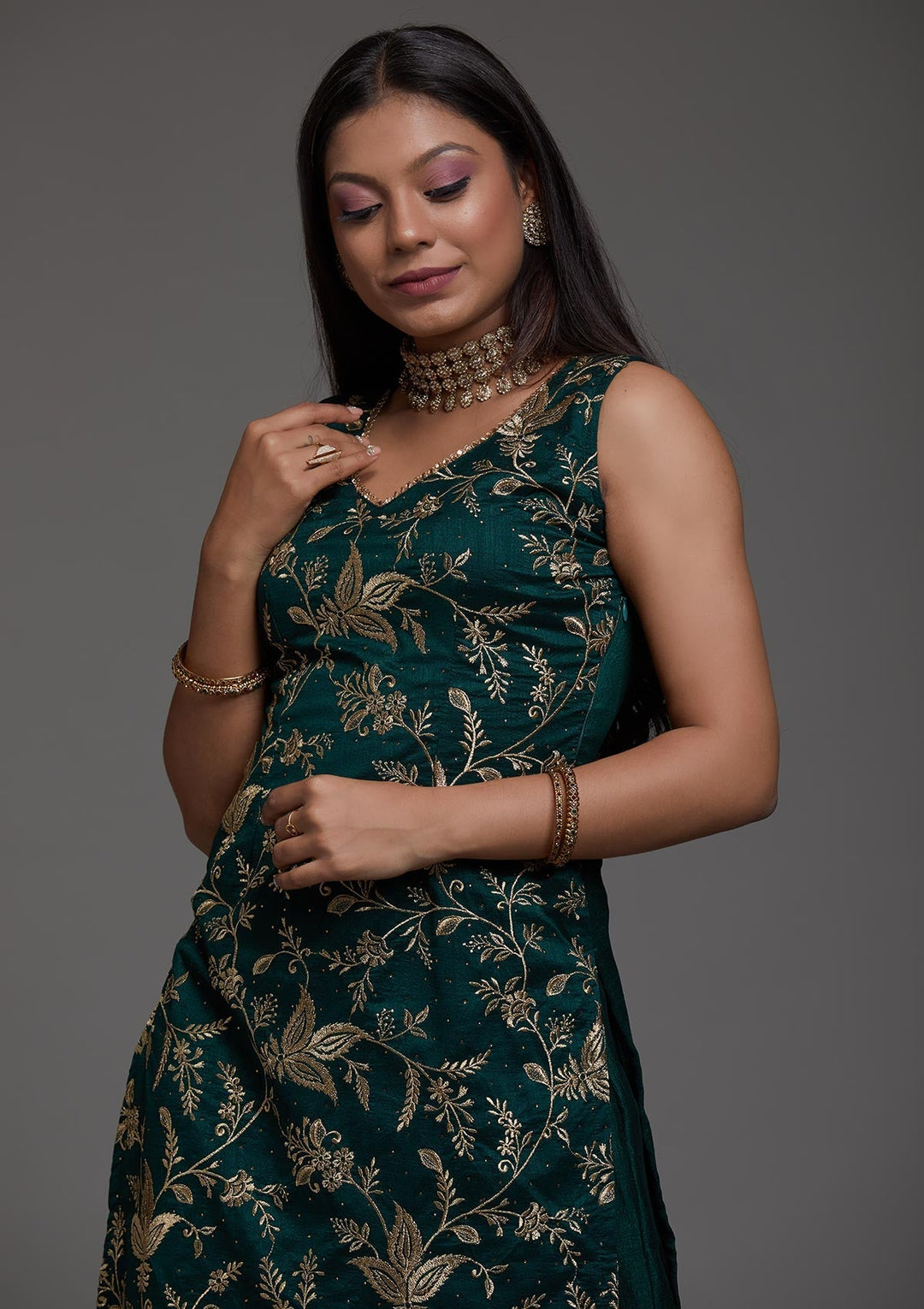 Bottle Green Zariwork Raw Silk Designer Salwar Suit-Koskii