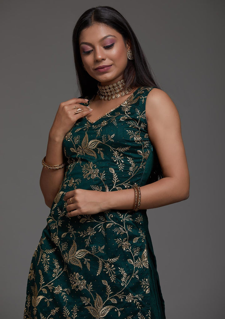 Bottle Green Zariwork Raw Silk Designer Salwar Suit-Koskii