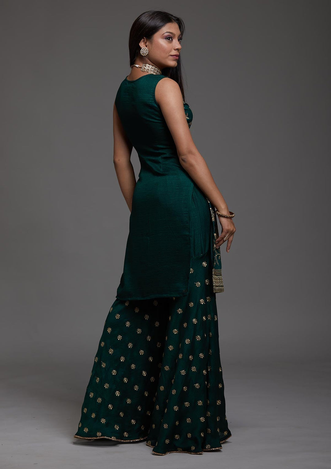 Bottle Green Zariwork Raw Silk Designer Salwar Suit-Koskii
