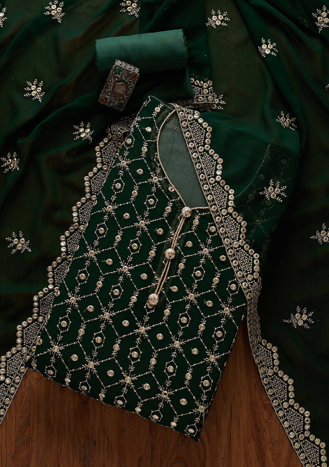 Bottle Green Zariwork Georgette Designer Semi-Stitched Salwar Suit - Koskii