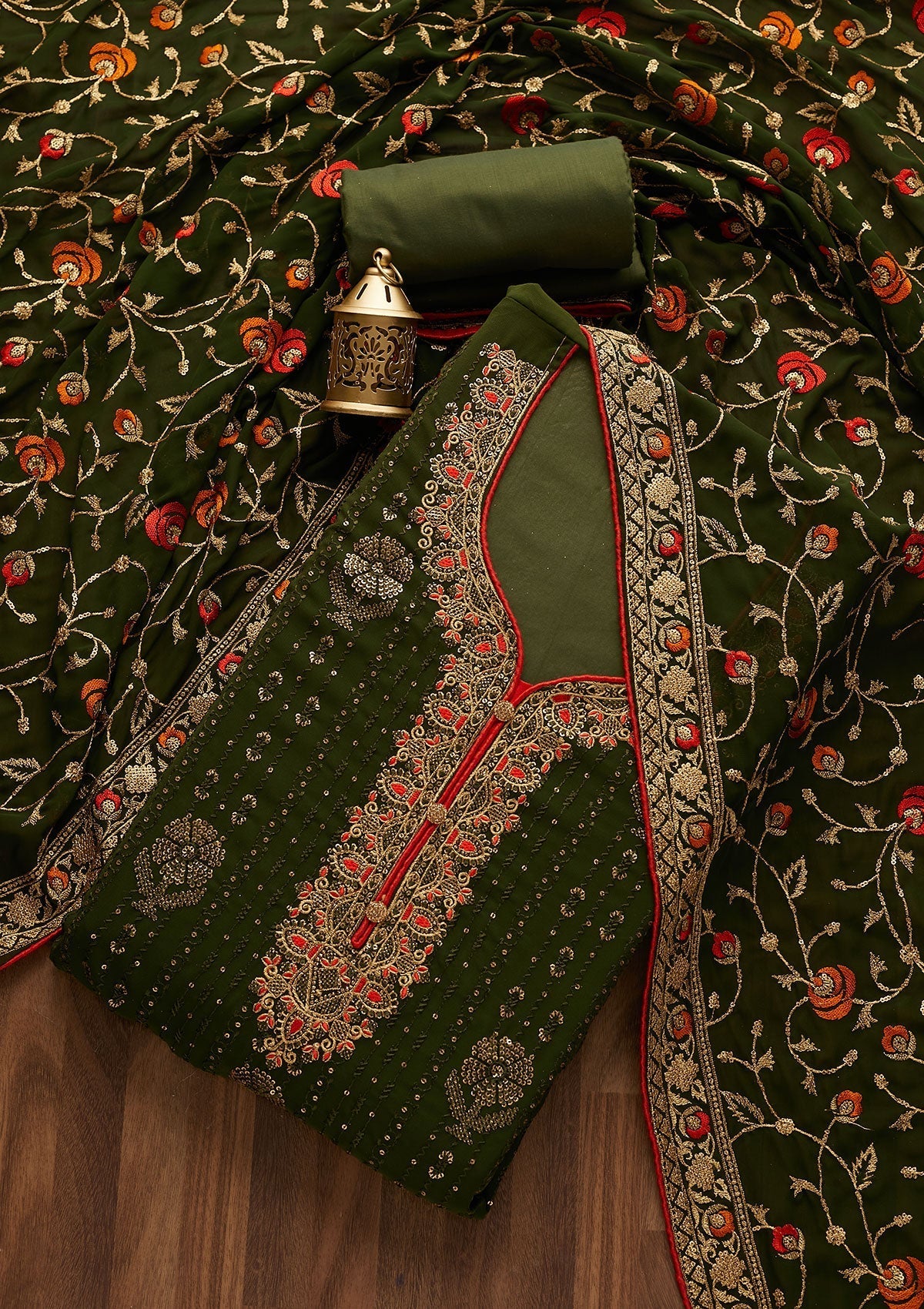 Bottle Green Zariwork Georgette Designer Semi-Stitched Salwar Suit - Koskii