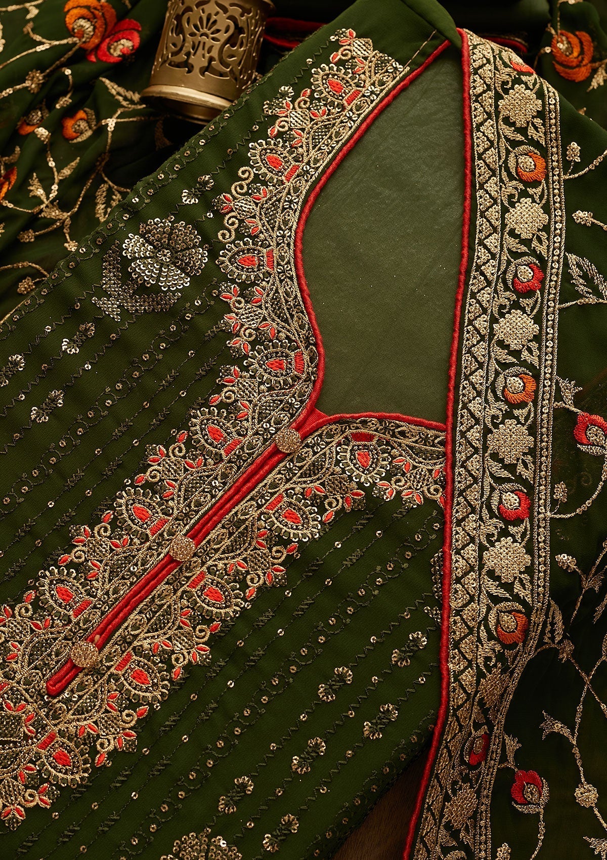 Bottle Green Zariwork Georgette Designer Semi-Stitched Salwar Suit - Koskii