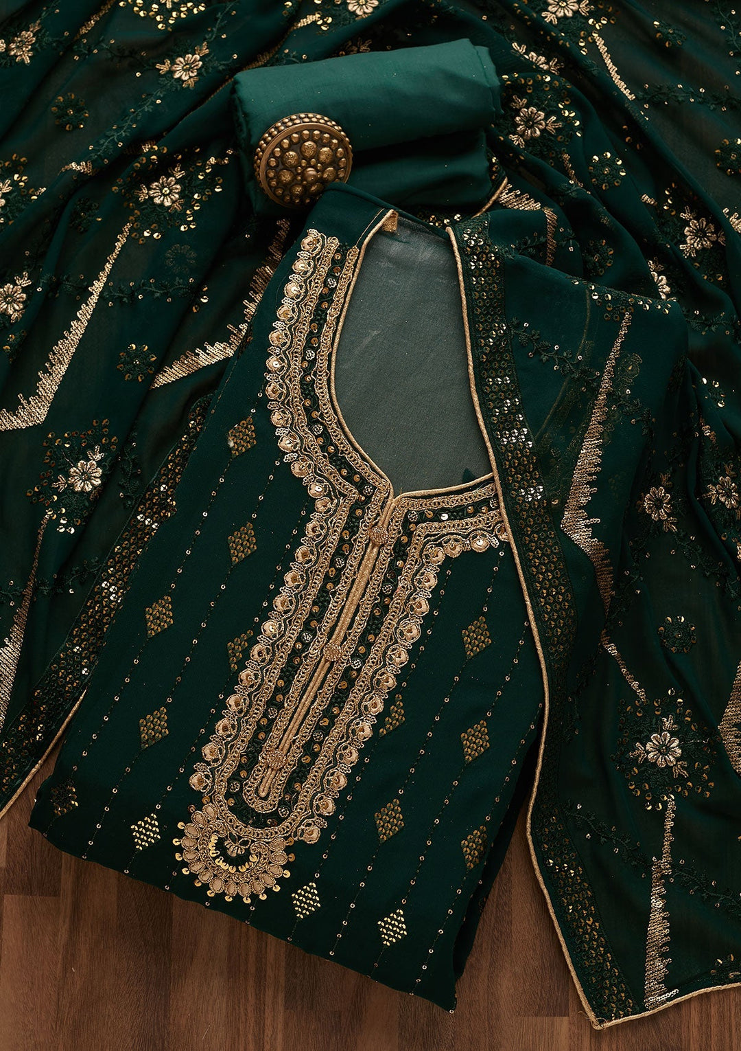 Bottle Green Zariwork Georgette Designer Semi-Stitched Salwar Suit - Koskii