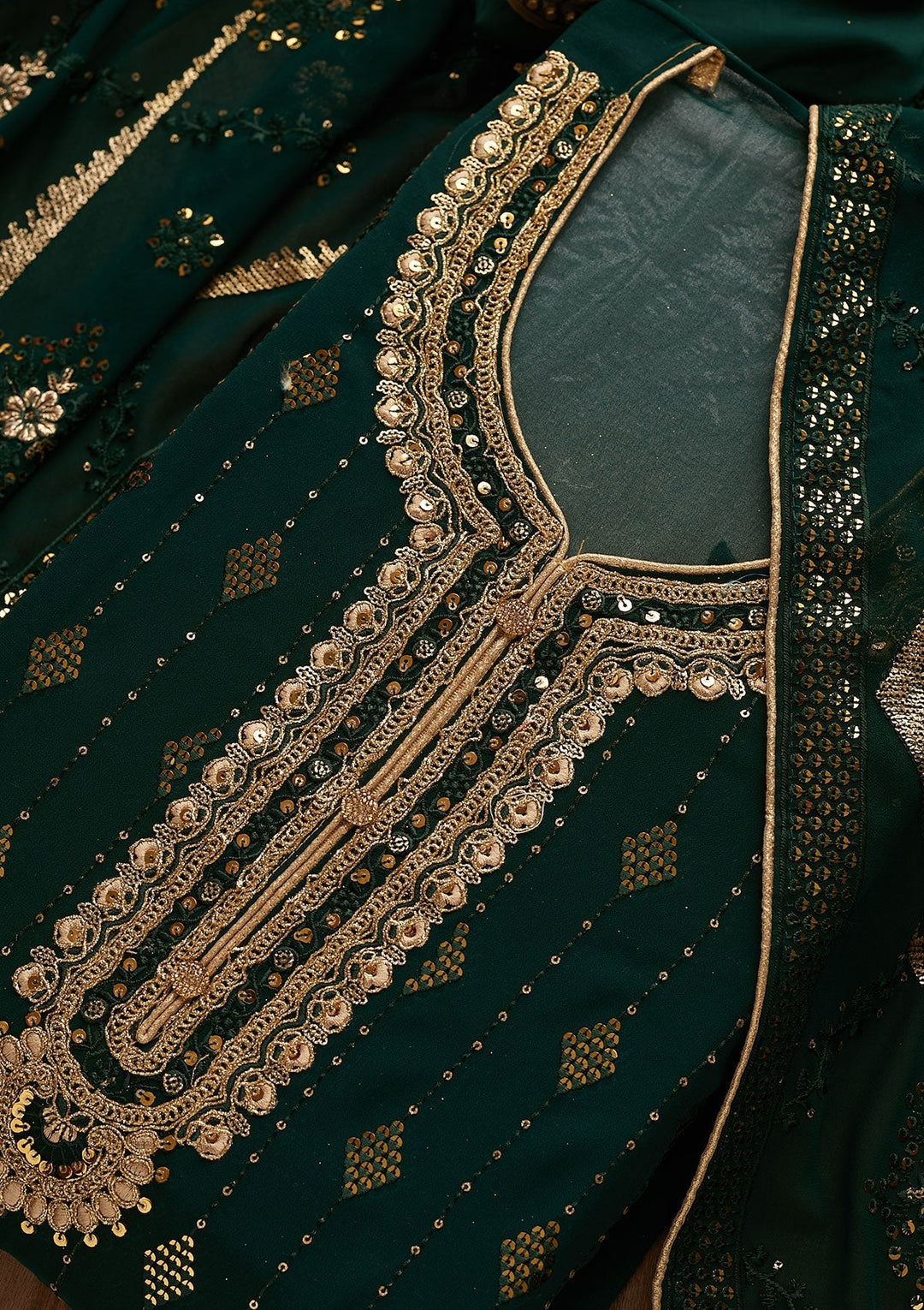 Bottle Green Zariwork Georgette Designer Semi-Stitched Salwar Suit - Koskii