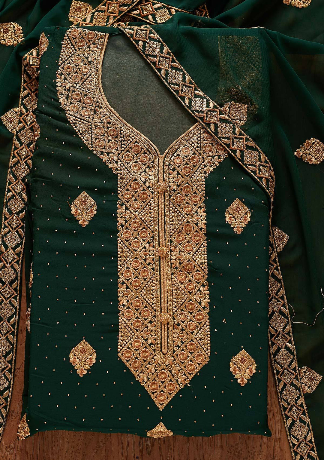Bottle Green Zariwork Georgette Designer Unstitched Salwar Suit - koskii