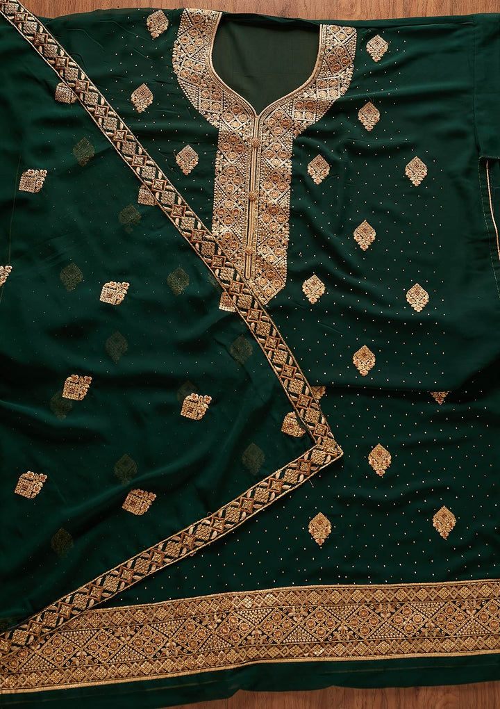 Bottle Green Zariwork Georgette Designer Unstitched Salwar Suit - koskii