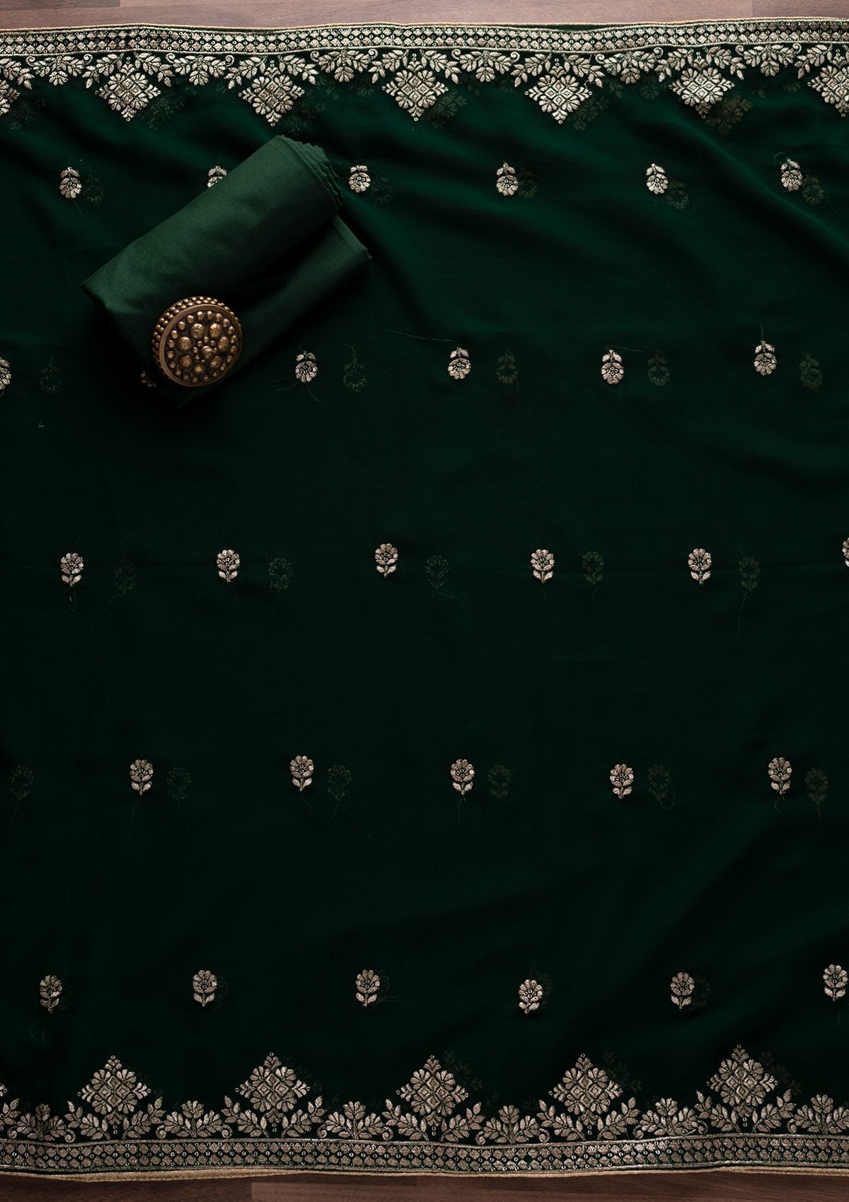 Bottle Green Zariwork Georgette Designer Unstitched Salwar Suit - Koskii