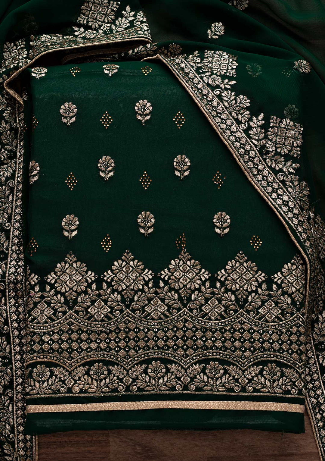 Bottle Green Zariwork Georgette Designer Unstitched Salwar Suit - Koskii