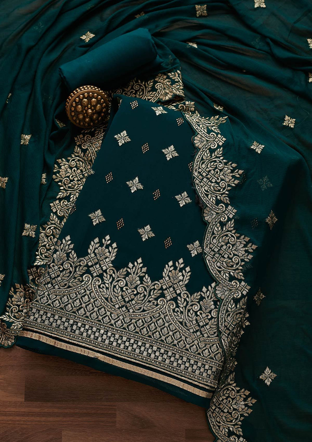 Bottle Green Zariwork Georgette Designer Unstitched Salwar Suit - Koskii
