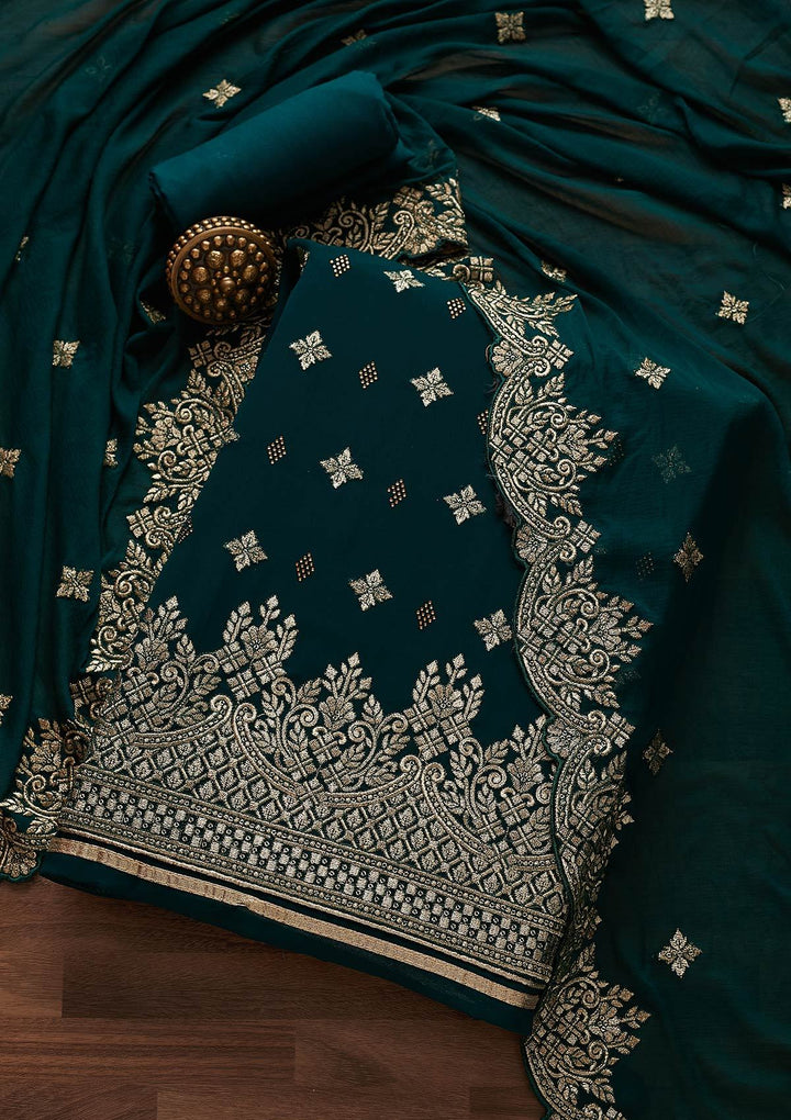 Bottle Green Zariwork Georgette Designer Unstitched Salwar Suit - Koskii