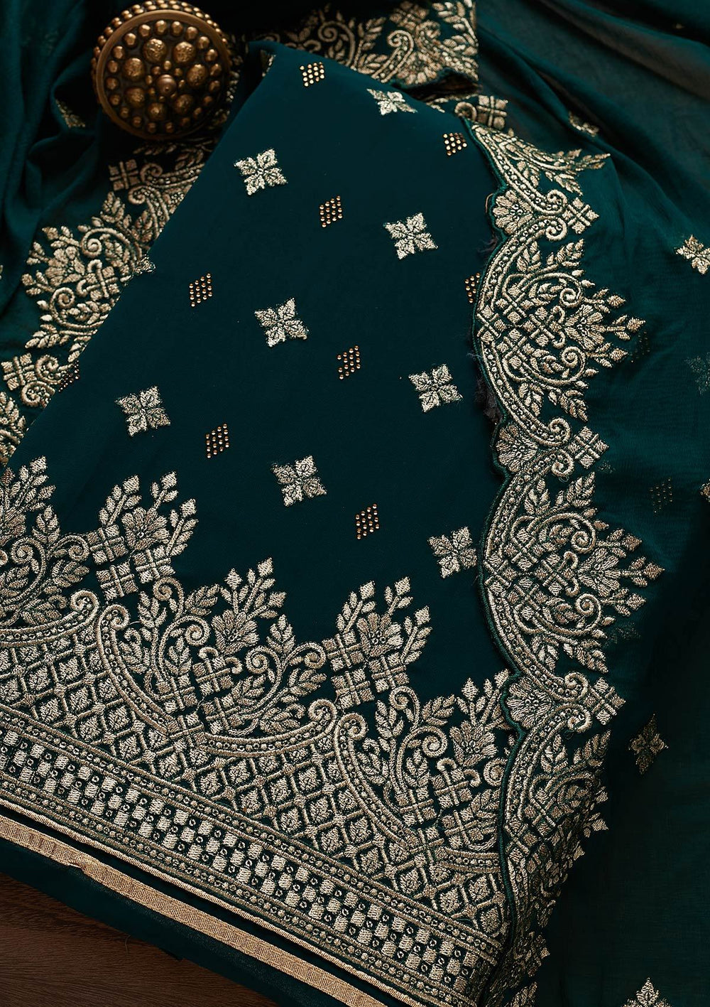 Bottle Green Zariwork Georgette Designer Unstitched Salwar Suit - Koskii