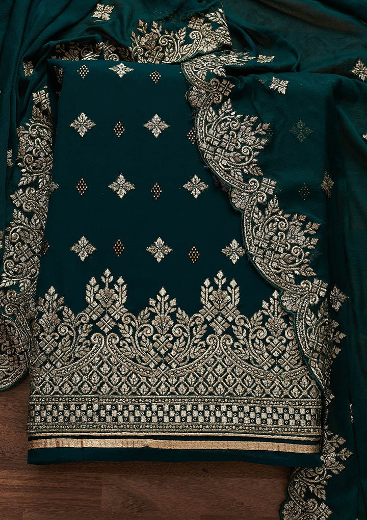 Bottle Green Zariwork Georgette Designer Unstitched Salwar Suit - Koskii