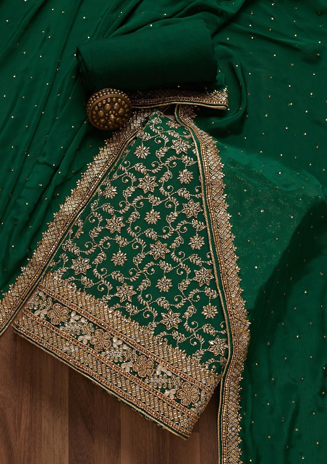 Bottle Green Zariwork Georgette Unstitched Salwar Suit- Koskii