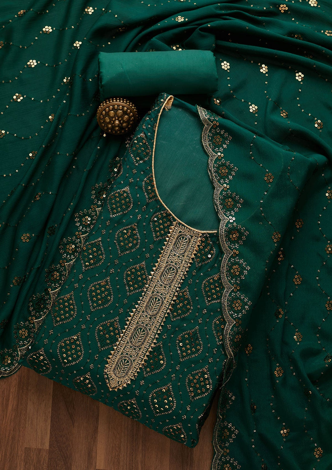Bottle Green Zariwork Georgette Unstitched Salwar Suit-Koskii