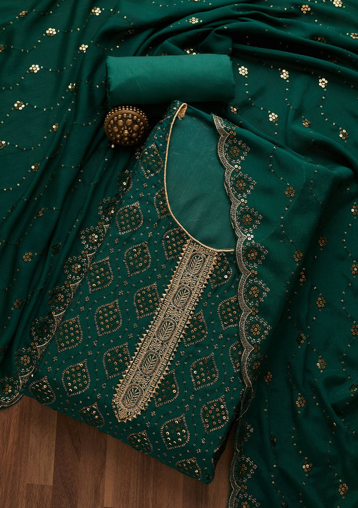 Bottle Green Zariwork Georgette Unstitched Salwar Suit-Koskii
