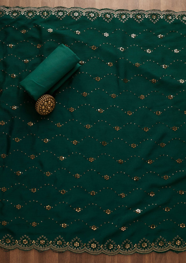 Bottle Green Zariwork Georgette Unstitched Salwar Suit-Koskii