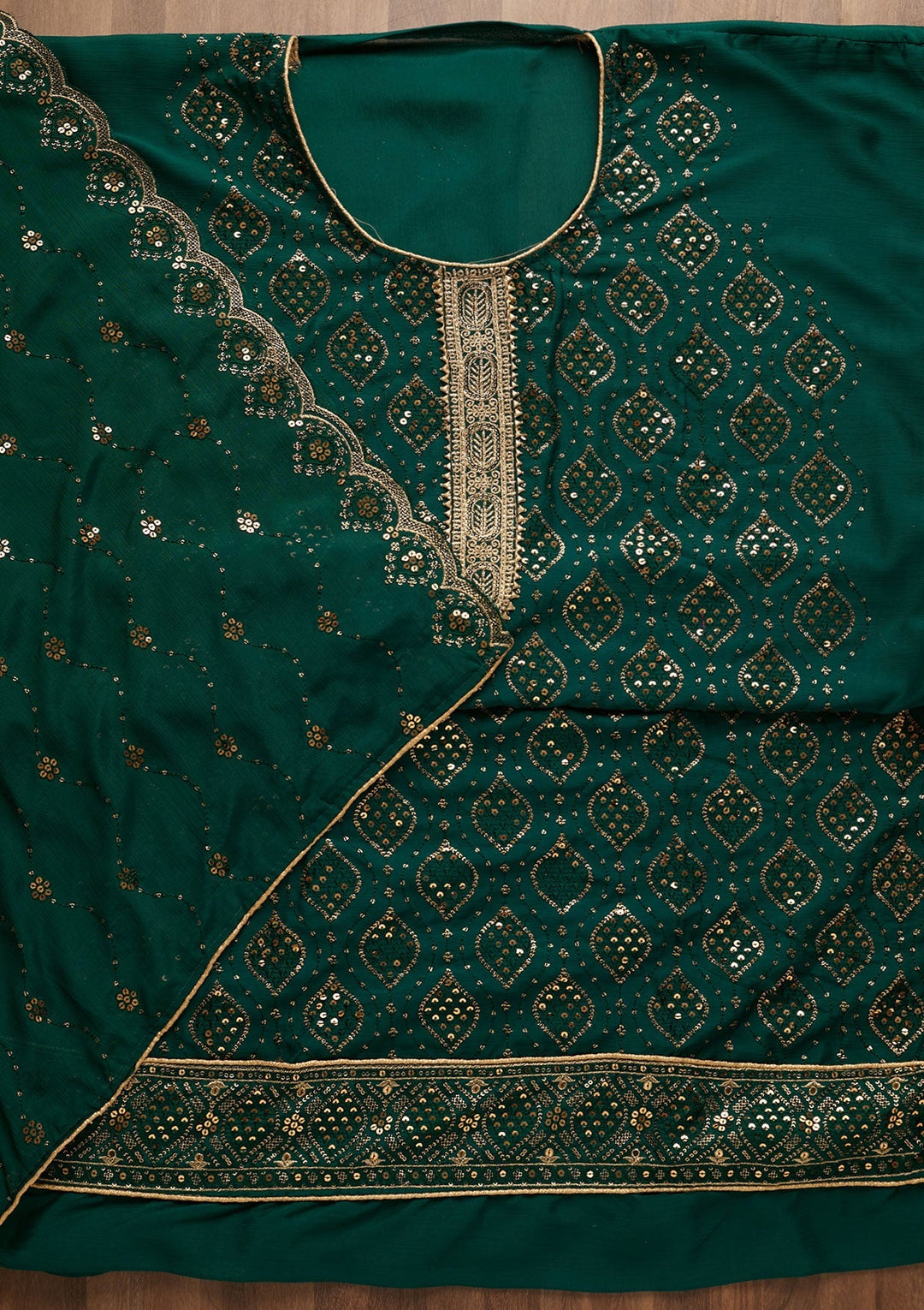 Bottle Green Zariwork Georgette Unstitched Salwar Suit-Koskii