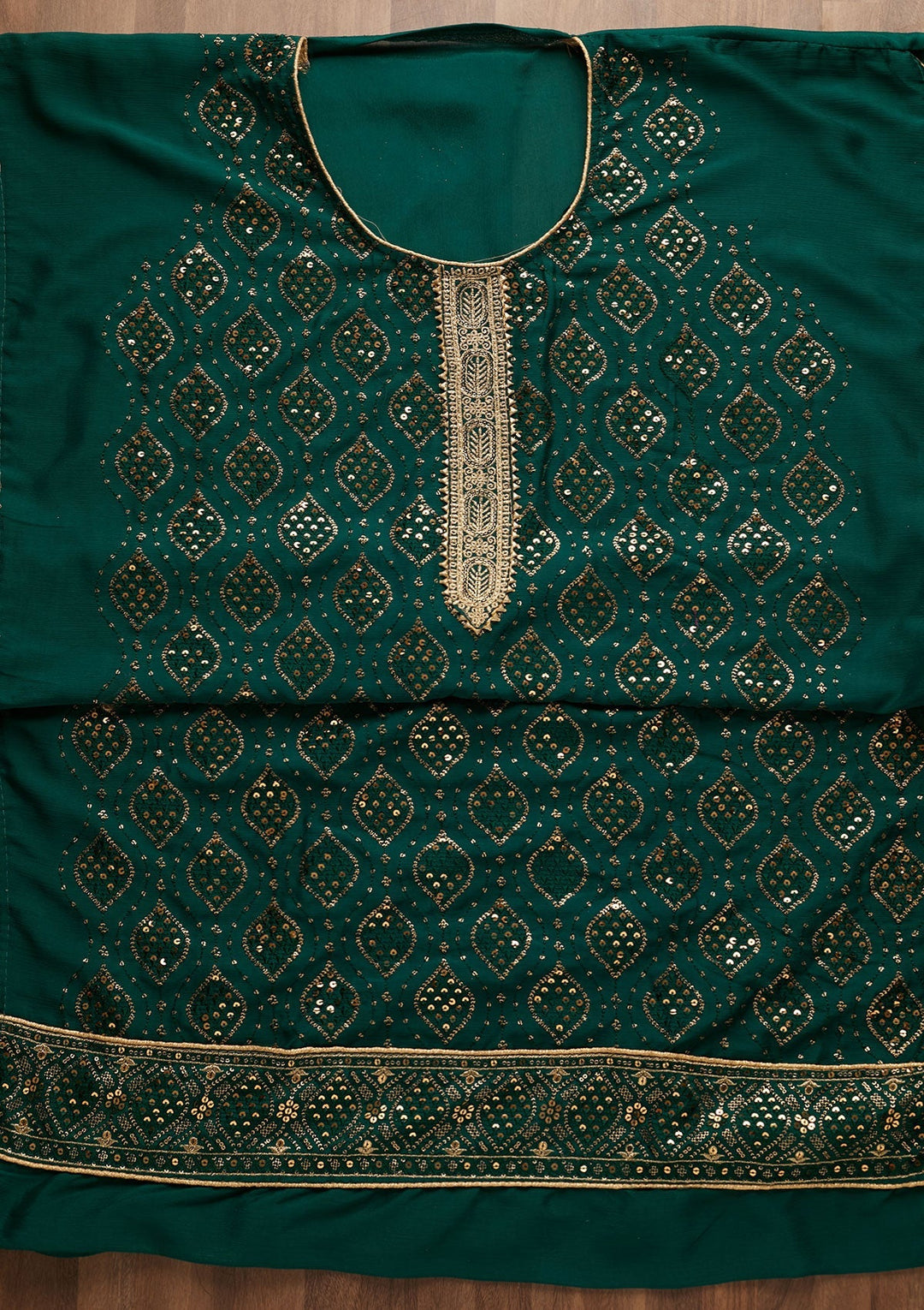 Bottle Green Zariwork Georgette Unstitched Salwar Suit-Koskii