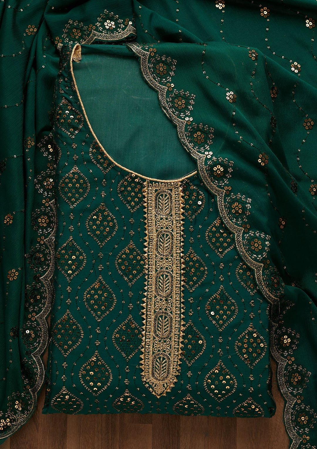 Bottle Green Zariwork Georgette Unstitched Salwar Suit-Koskii