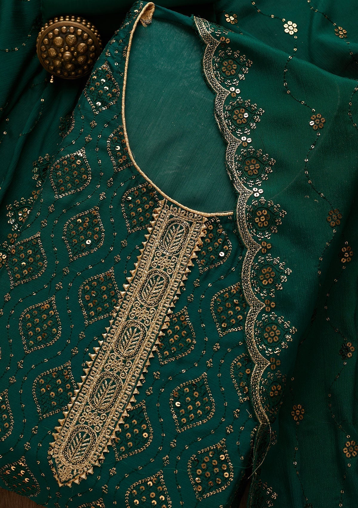 Bottle Green Zariwork Georgette Unstitched Salwar Suit-Koskii