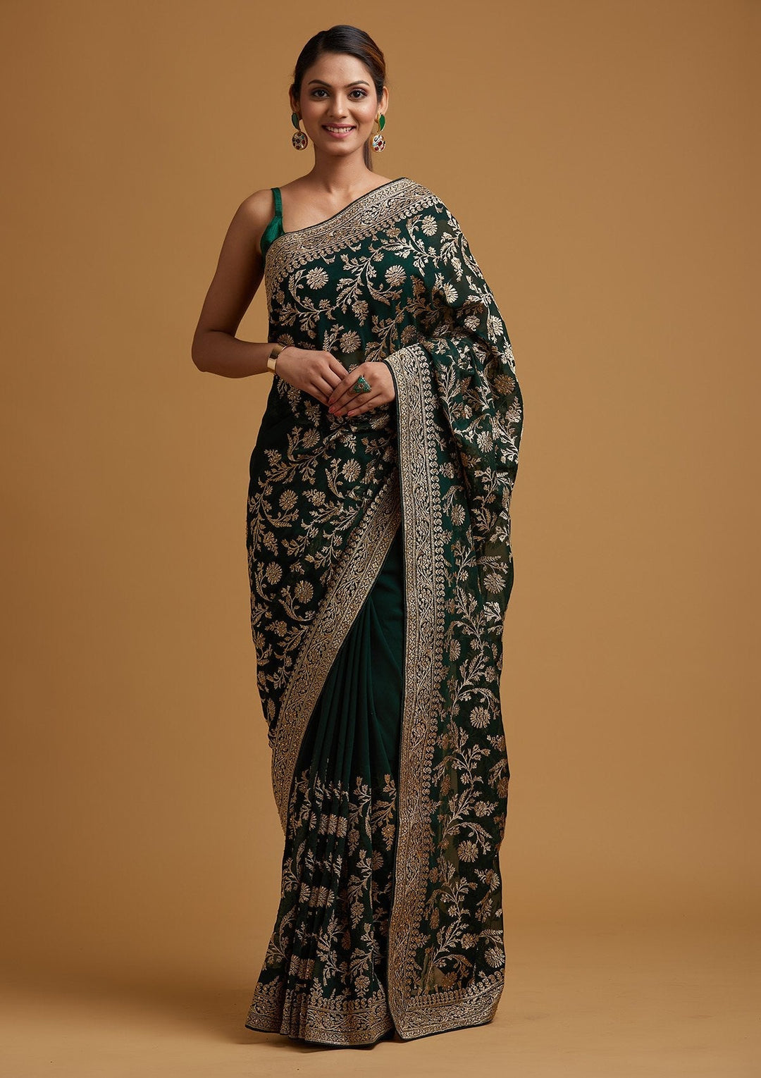 Bottle Green Zariwork Georgette Designer Saree - koskii