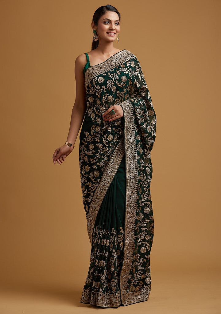 Bottle Green Zariwork Georgette Designer Saree - koskii