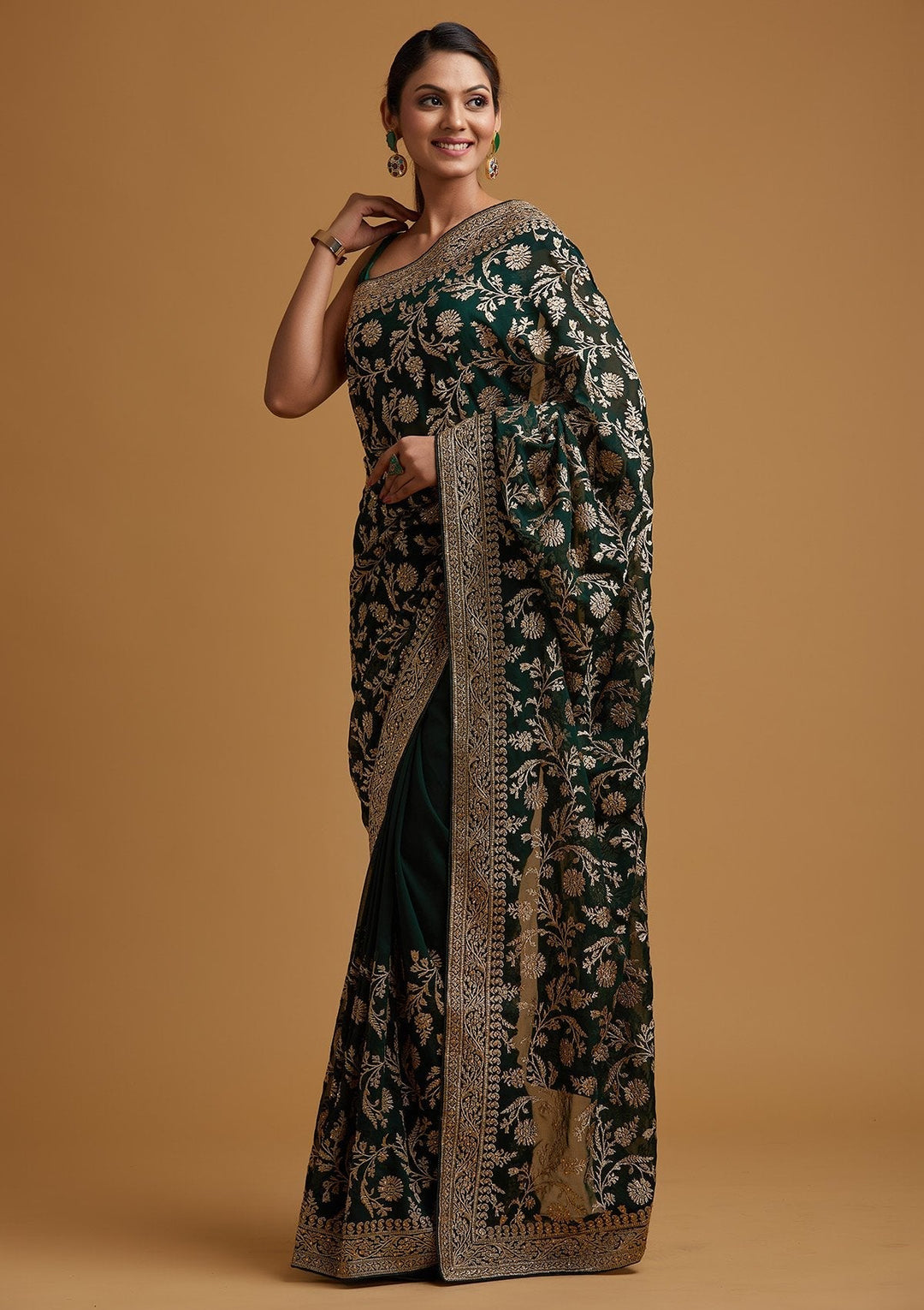 Bottle Green Zariwork Georgette Designer Saree - koskii