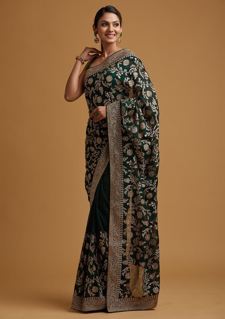 Bottle Green Zariwork Georgette Designer Saree - koskii