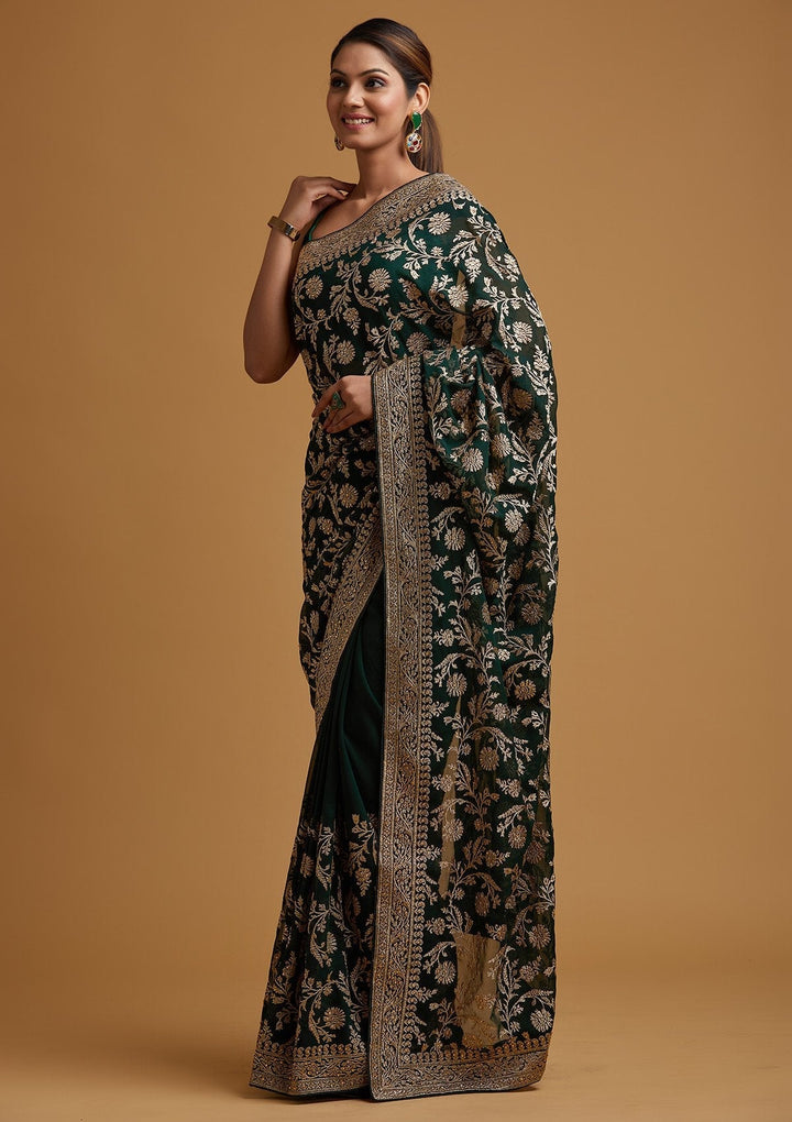 Bottle Green Zariwork Georgette Designer Saree - koskii